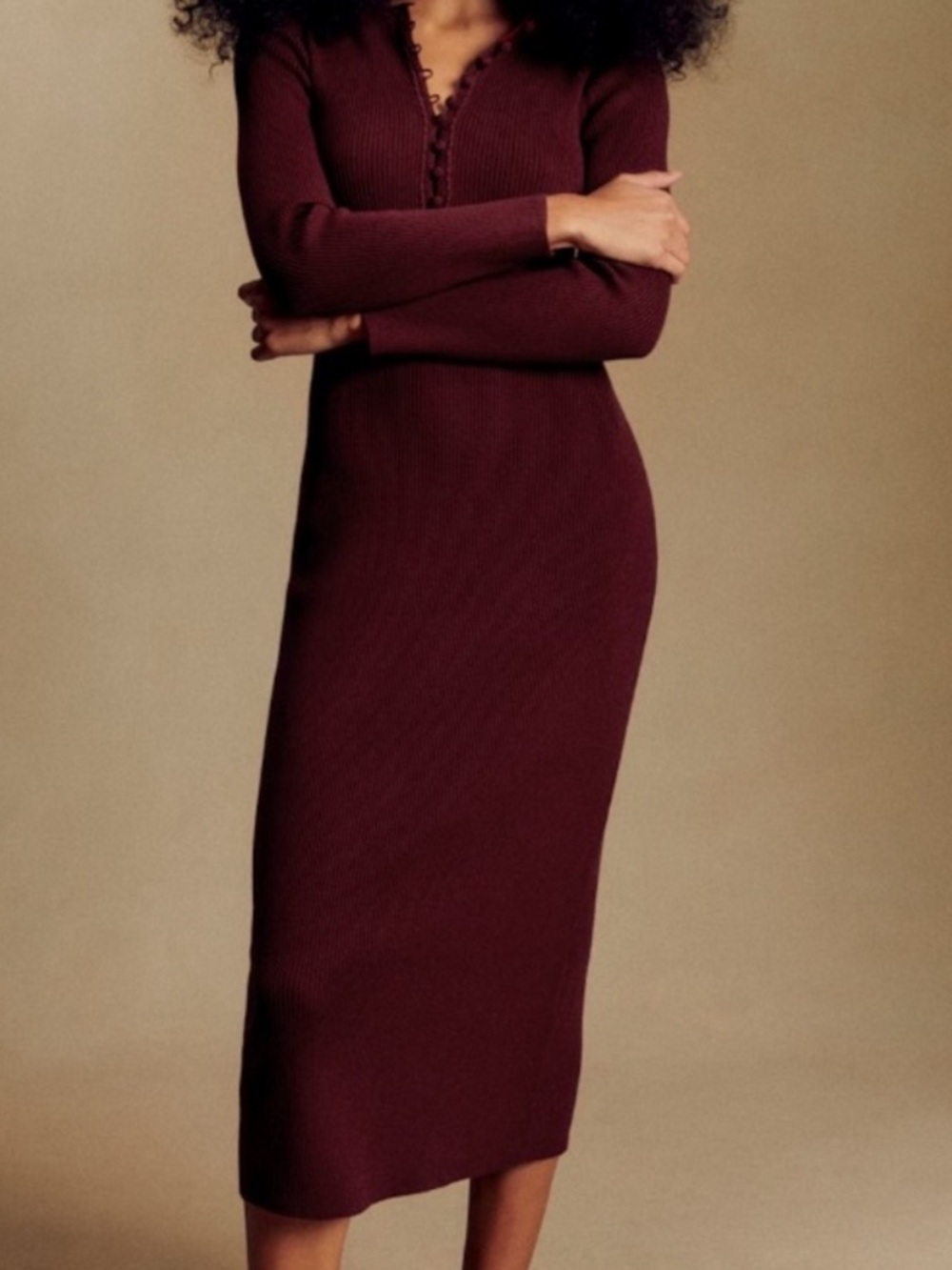 Sezane Lorette Loretta Women’s Ribbed Knit sweater Midi Maxi Dress in Burgundy